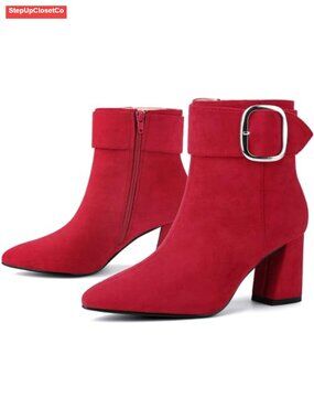 Faux Suede Pointed Toe Block Heel Ankle Booties Square Buckle